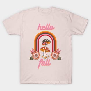 Hello Fall Retro Mushroom Design T-Shirt